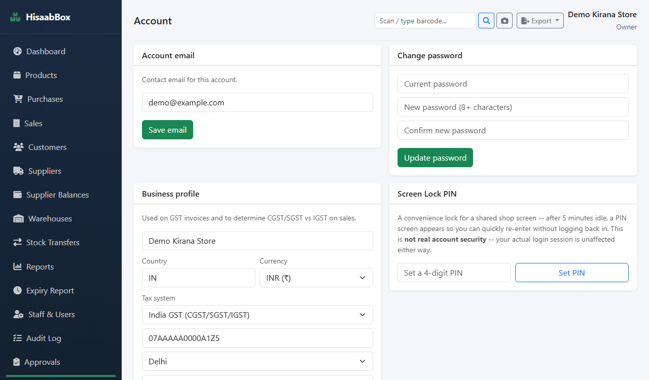 Business settings including tax system and currency